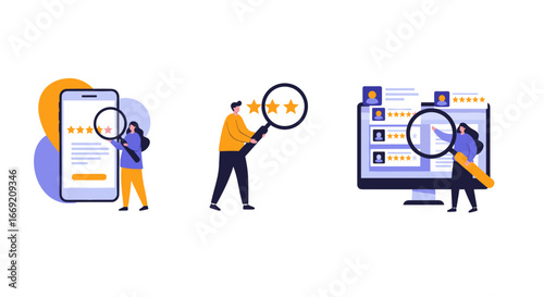 Customers analyze online reviews with magnifying glasses for product ratings and satisfaction