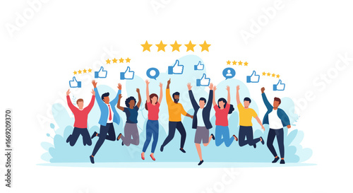 Excited diverse team celebrating success with thumbs up and star ratings, customer satisfaction