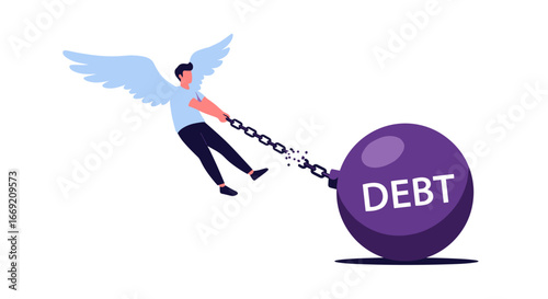 Person with wings breaking free from debt burden, financial freedom concept