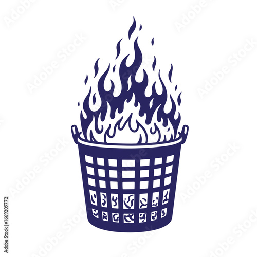 Burning laundry basket illustrative image with flames and artistic silhouette design