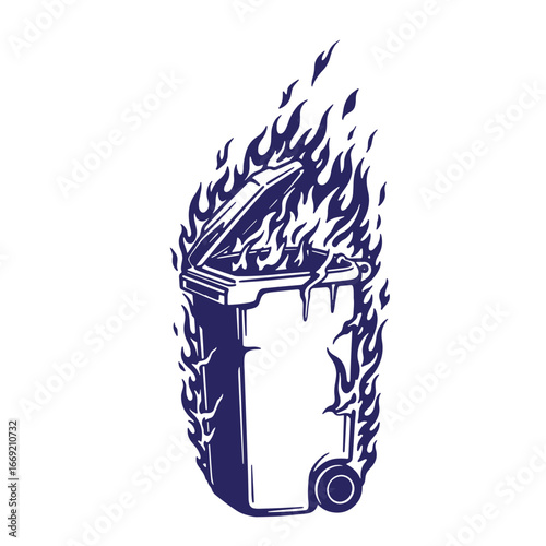 Burning trash can illustration depicting waste management and societal issues concept