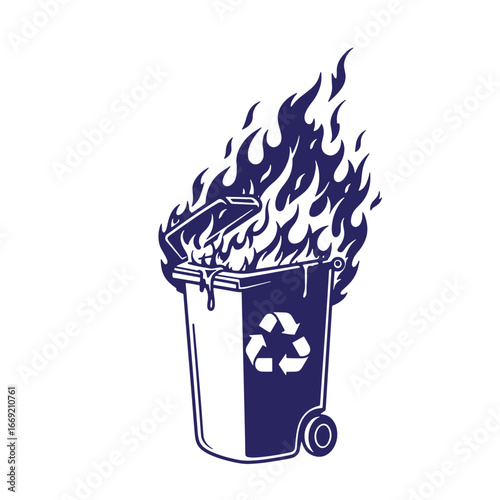 Burning trash can depicting a garbage bin on fire with recycling symbol illustrated