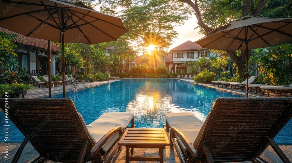 Fototapeta premium Tropical resort pool at sunset. Ideal for vacation