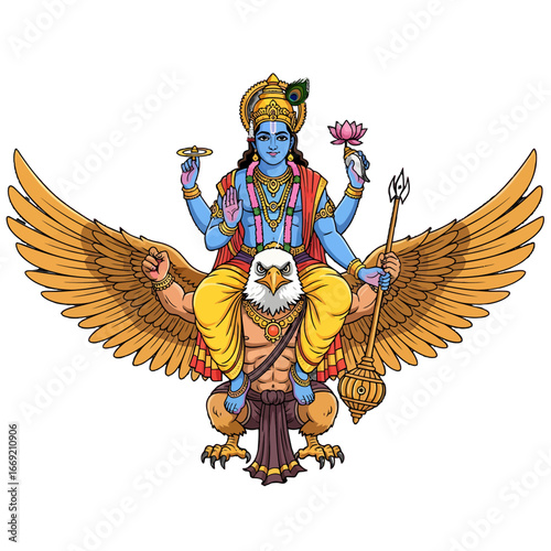 Hindu deity Lord Vishnu with four arms holding his attributes, riding his divine eagle mount Garuda, depicted in a cartoon style.
