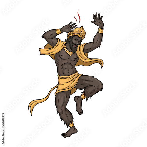 An illustration of a mythical monkey king, a dark-skinned humanoid figure with a golden crown and garments, in a dynamic dancing pose.