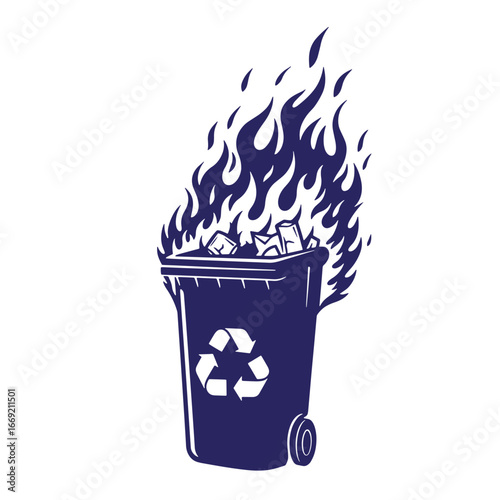 Burning trash can recycling symbol with flames pollution environmental hazard illustration