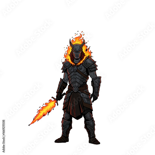 Illustration of a demonic knight with a flaming sword and burning head.