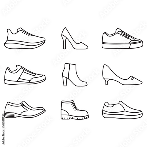 A collection of icons of various types of shoes. Thin line style vectors, containing icons such as running shoes, sneakers, loafers, and more.