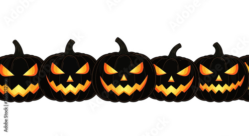 Black halloween pumpkins glowing ominously in a row against a white backdrop, creating a spooky and festive atmosphere for the holiday celebration.