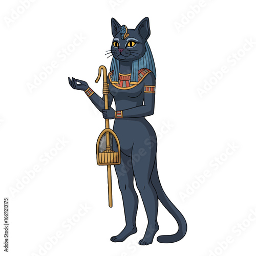 Egyptian Goddess Bastet depicted as a black cat-woman, holding a staff and basket.