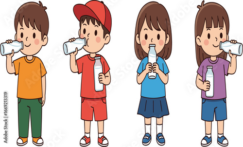 Cartoon children drinking milk together in colorful outfits, promoting healthy habits, nutrition, happiness, childhood wellness, and dairy consumption awareness