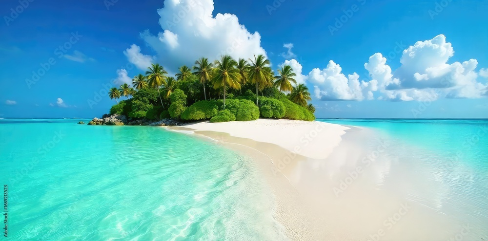 Fototapeta premium A deserted island paradise, untouched and serene, with lush vegetation, white sand, and crystal-clear turquoise water lapping the shore Perfect for escapism and travel imagery , coast, untouched