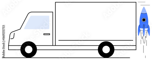 Delivery truck combined with a blue rocket for fast and efficient transport. Ideal for shipping, innovation, logistics, e-commerce, speed, productivity, progress metaphors, simple flat metaphor