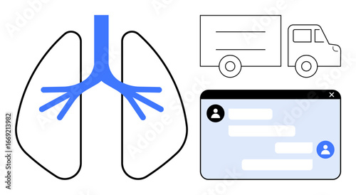 Lungs with blue airway, messaging interface with avatar, delivery truck silhouette. Ideal for healthcare, logistics, respiratory system, communication, shipping, technology simple landing page