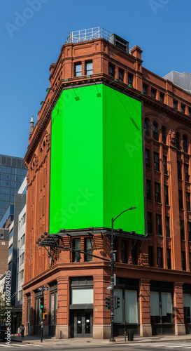 Large green screen billboard positioned on a classic brick building corner within a bustling urban landscape, ideal for marketing and advertising mockups