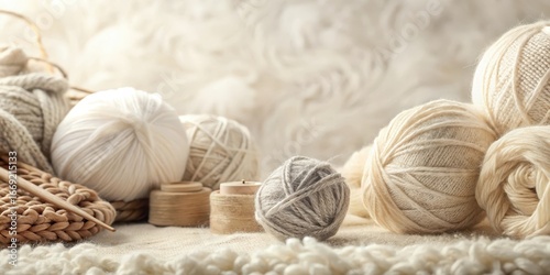 Cozy Autumn Yarn and Knitting Supplies Still Life Featuring Soft Neutral Tones