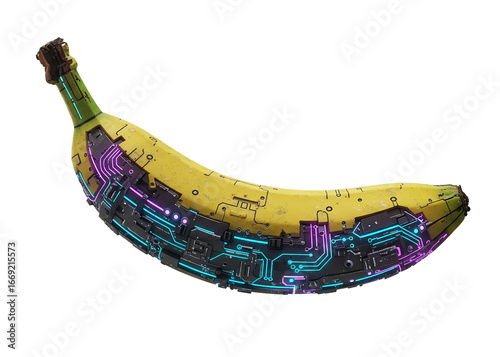 A digitally altered image of a banana with internal circuitry, showcasing technology integration.