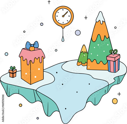 A festive Christmas island scene featuring colorful presents and a large clock, symbolizing holiday cheer and time.
