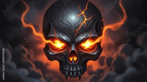Scary illustration of a flaming skull head with evil horns burning in hot fire