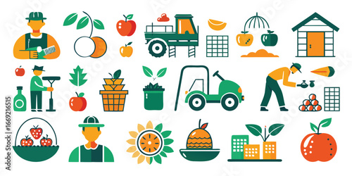 Flat design illustrations of farmers fruits tractors and farm buildings in green orange and yellow