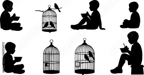 Silhouette of a boy sitting with a bowl in his hands next to a cage containing two birds on a white background | editable eps vectors
