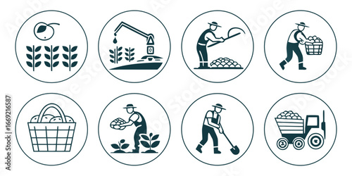Agricultural icons showing farming activities from planting to harvesting and transport agriculture