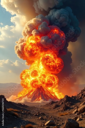 Desolate Landscape Engulfed by Fiery Explosion Dramatic Image of Destruction and Devastation