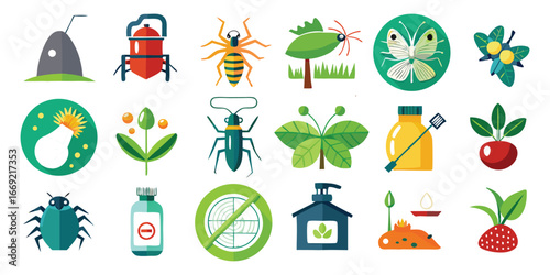 Collection of stylized flat icons representing garden pests and pest control insect spider