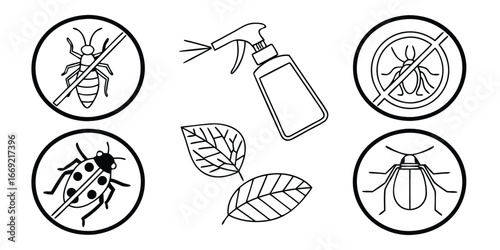 Insect control symbols and spray bottle with leaves illustration pest control ladybug