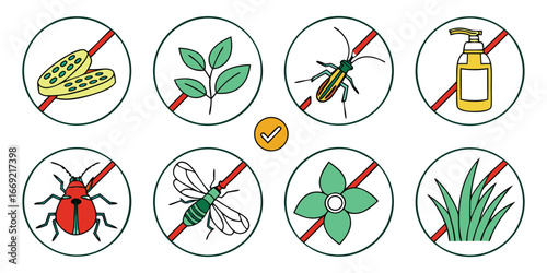 Collection of prohibition signs with insects plants and liquid dispenser no insects no plants