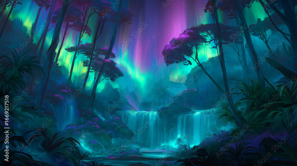 Fototapeta premium Aurora Borealis Over Tropical Jungle Waterfalls