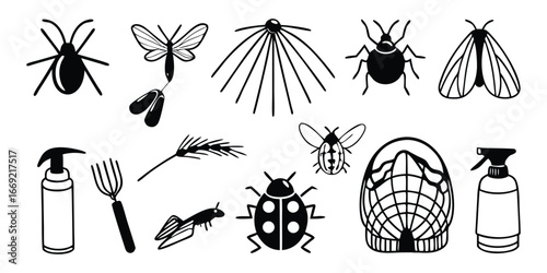 Collection of black and white insect and pest control icons and illustrations moth beetle