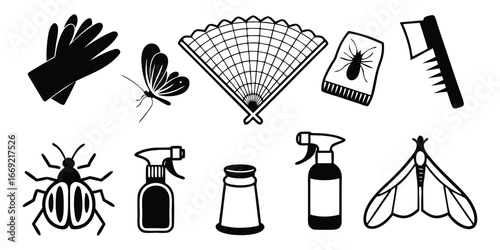 Black and white icons of pest control items and insects moth butterfly