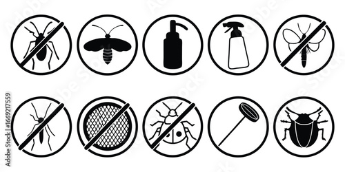 Set of black and white icons representing pest control and insect symbols moth beetle