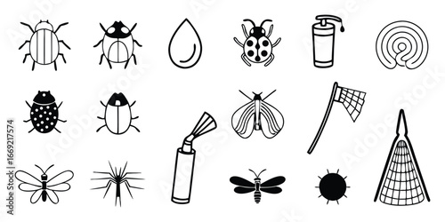 Collection of black and white insect and pest control icons beetle ladybug