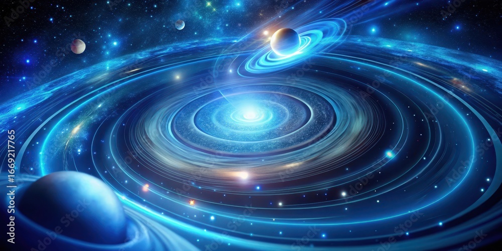 Obraz premium A Celestial Tapestry of Glowing Rings and Planets in a Vibrant Nebula