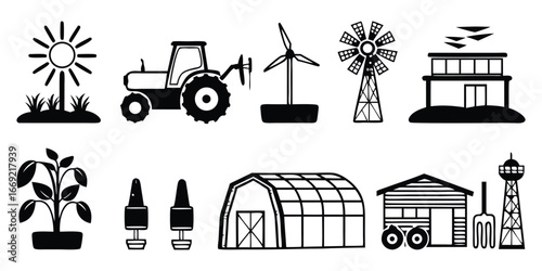 Collection of black farm and agricultural icons including sun plant tractor windmills barn greenhouse and water tower
