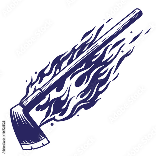Stylized illustration of a hoe with fire flames emphasizing agricultural power and strength