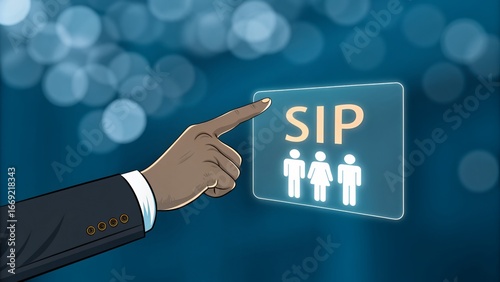 Hand pointing at a digital interface showing SIP and group icons Business, teamwork, and technology concept