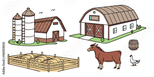Cartoon farm scene with barns silos hay horse and goose vector