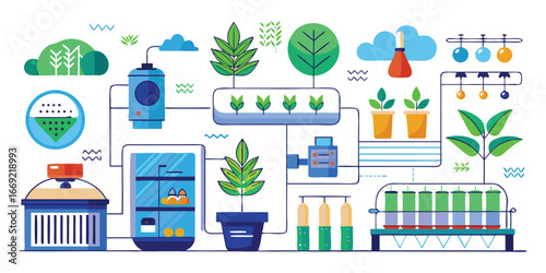 Flat design illustration of a hydroponic farming system with plants and equipment hydroponics