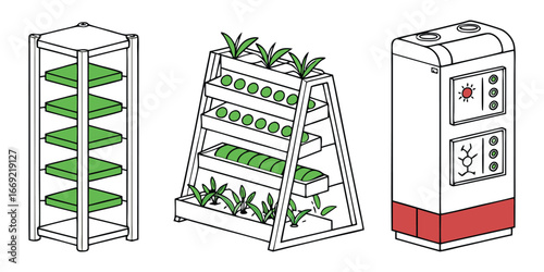 Three isometric illustrations of indoor gardening systems with green plants and controls hydroponics