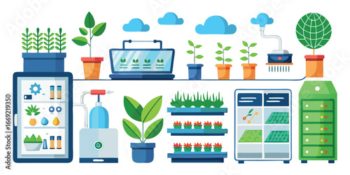 Illustration of indoor gardening equipment and plants with digital interface hydroponics vertical farming