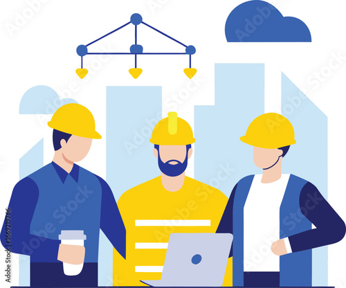 Three men in hard hats gather around a laptop, discussing plans on a construction site.