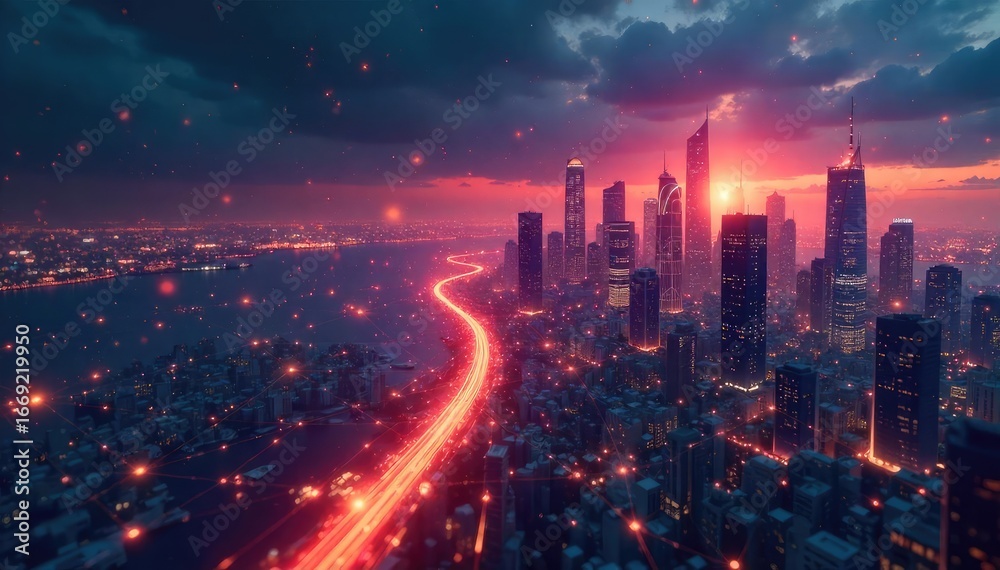 Obraz premium A futuristic cityscape seamlessly interconnected by glowing digital threads, symbolizing the concept of a unified global network , sci-fi, connectivity, communication