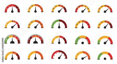 A collection of various speedometer gauges with different colored indicators