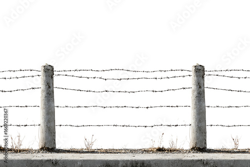 Barbed Wire Fence With Concrete Posts And Dry Grass On Transparent Background, PNG