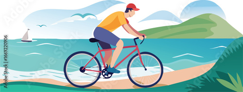 Vector illustration of a man riding a bicycle along a sandy beach with waves in the background.