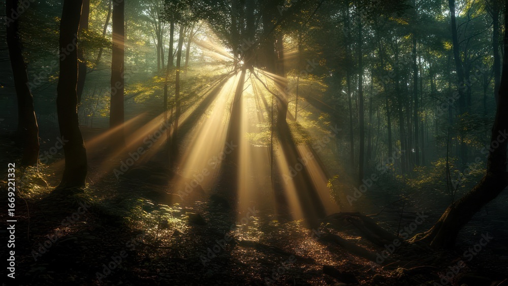 Obraz premium Sunlight streams through a misty forest