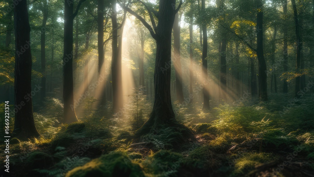 Fototapeta premium Sunlight streams through misty forest